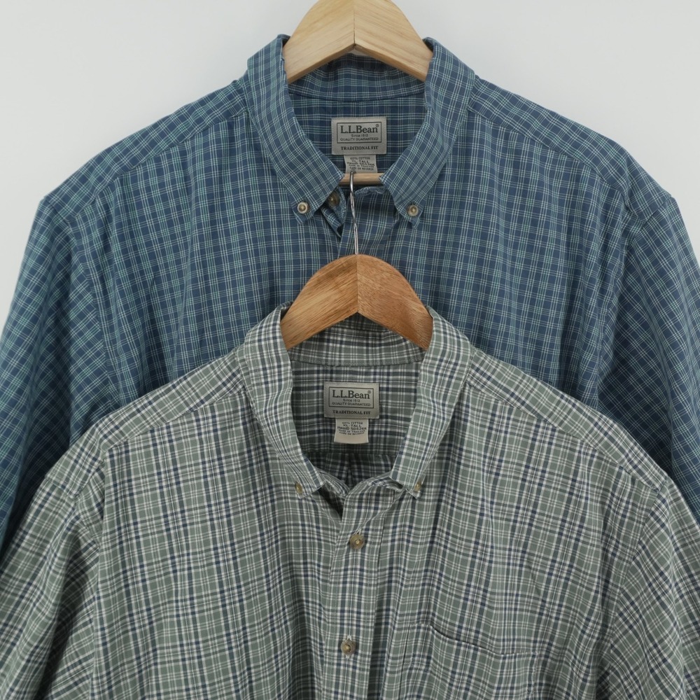 L.L. Bean Button Down Shirt Mens XL-Tall Blue Green Plaid Short Sleeve Cotton